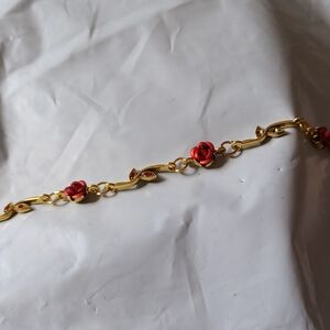 Elegant Gold and Red Rose Bracelet